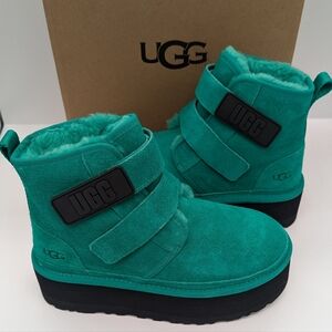 UGG Neumel Platform EmeraldGreen Suede Fur Shoes Womens Size 9.0